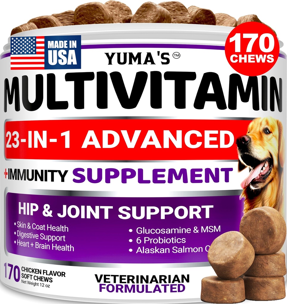 Hond Multivitamine Kauwbaar met Glucosamine - Hond Vitaminen en Supplementen - 170 Treats - Senior & Puppy Multivitamine voor honden - Hip & Joint Support - Immune Health, Skin, Heart, Digestie, Probiotica
