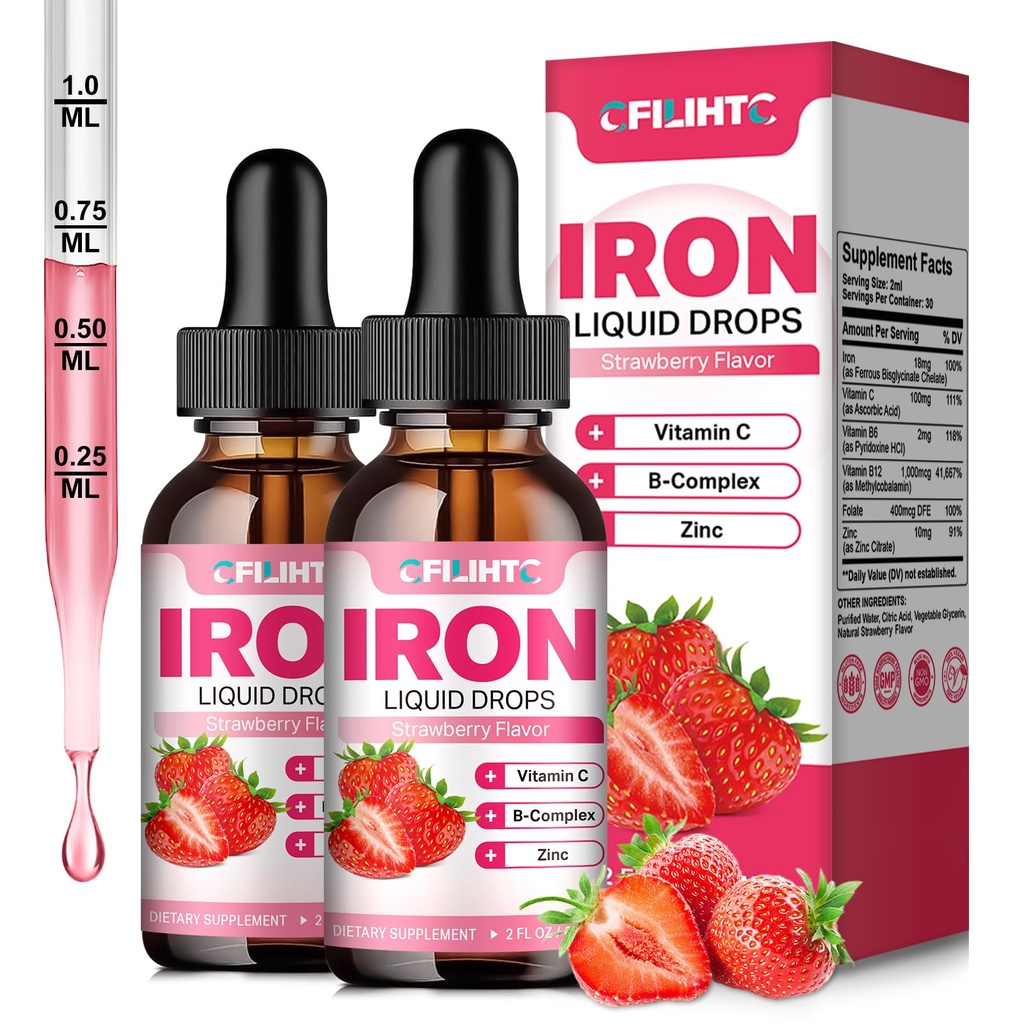 Liquid Iron Supplement for Women Men & Kids Multivitamine Iron Drops with Folate, Vitamin C, B6, B12, Zink for Anemia, Iron Deficency, Blood Builder, Energy - Natural Strawberry Flavor, Vegan 4 Fl Oz