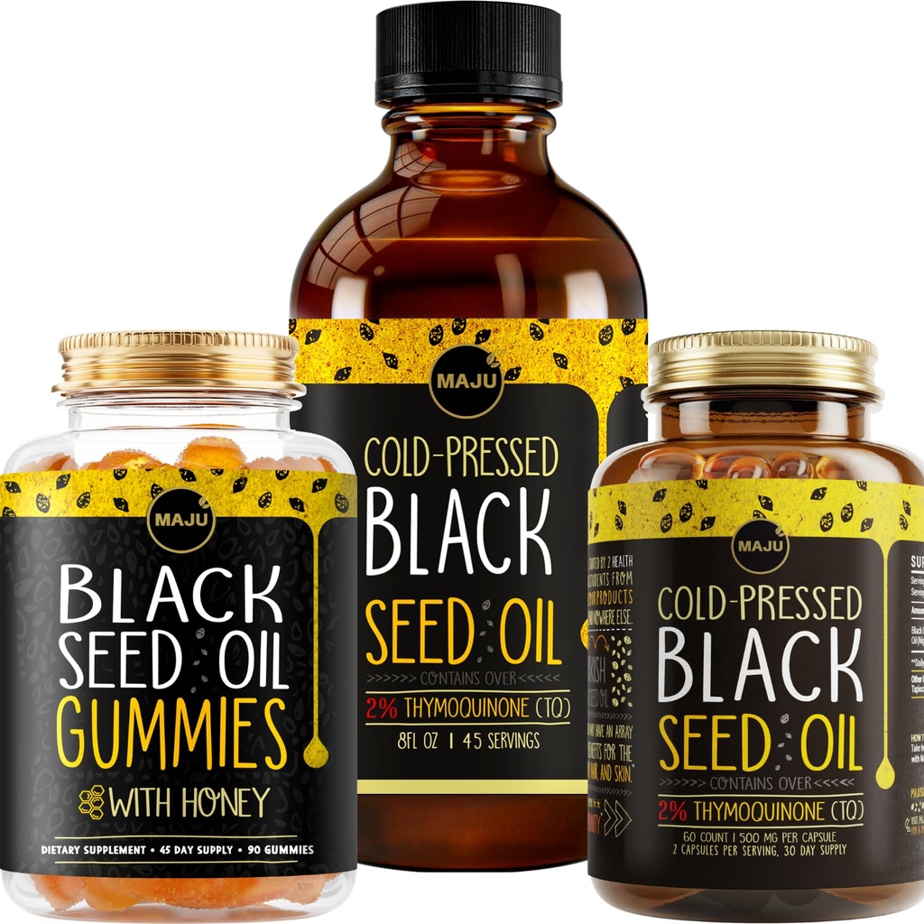 Maju Superfoods Black Seed Oil 3-in-1 bundel, Gummies, Capsules, & vloeibaar