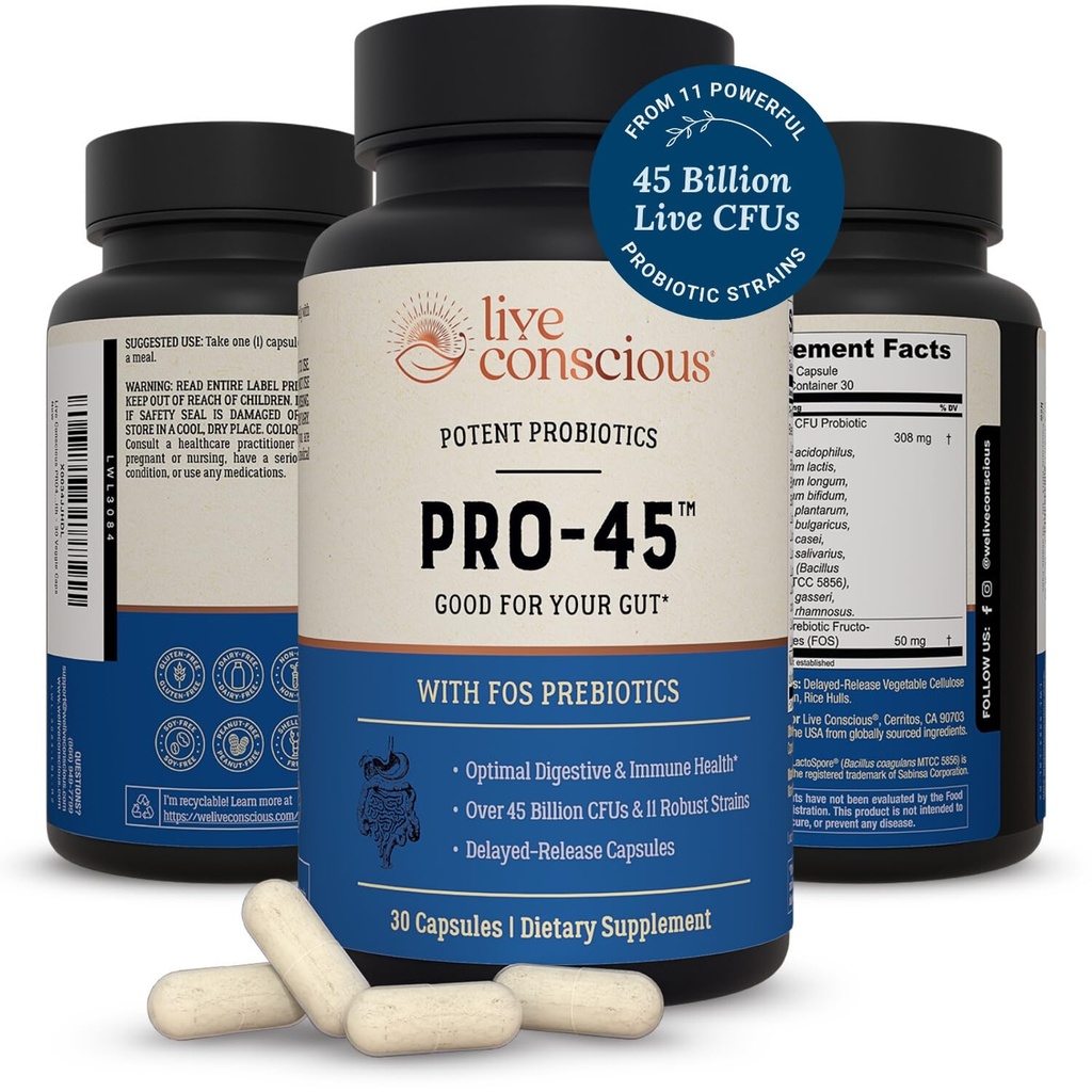 Live Conscious PRO45 Probiotica voor vrouwen en mannen: Uitgebreide formule, 45 miljard CFU, 11 strains, Dairy Free - w/Prebiotica en probiotica - Bevordert Immune & Gut Health - 30 Veggie Caps
