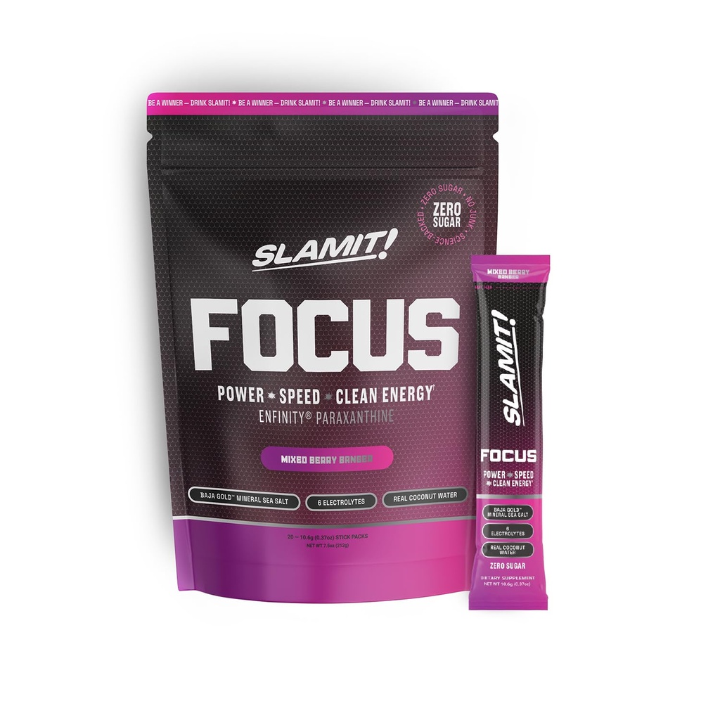 Focus Energy Drink Powder. 9 Supplements In One. Hydration Packets - 2278 mg of Electrolytes, Paraxanthine, 90 Minerals, Baja Gold Sea Salt, Coconut Water, Sugar-Free, Caffeine Free - Mixed Berry