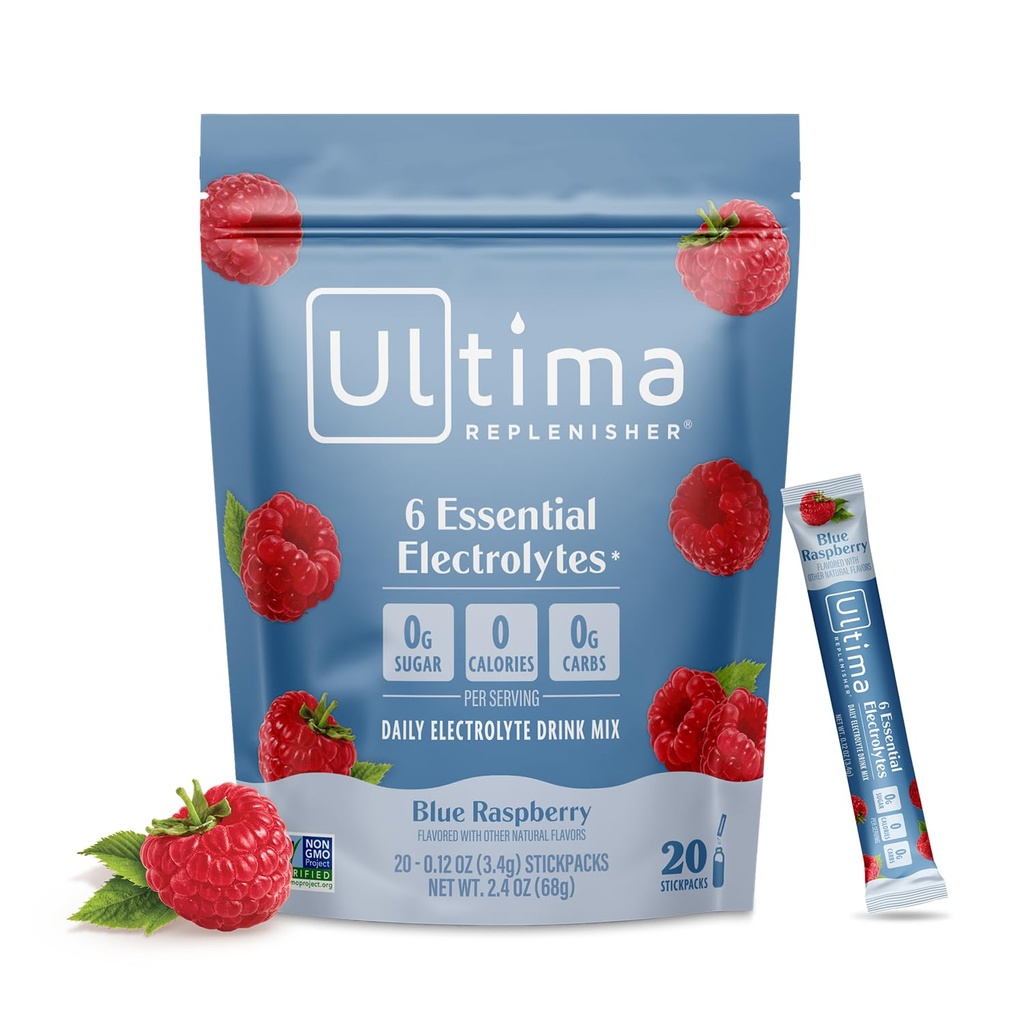 Ultima Replenisher Daily Electrolyte Powder – Blue Raspberry, 20 Stickpacks – Zero Sugar Hydration Packets with 6 Electrolytes and Minerals – Sugar Free, Plant Based & Keto Friendly Drink Mix | Daily Electrolyte