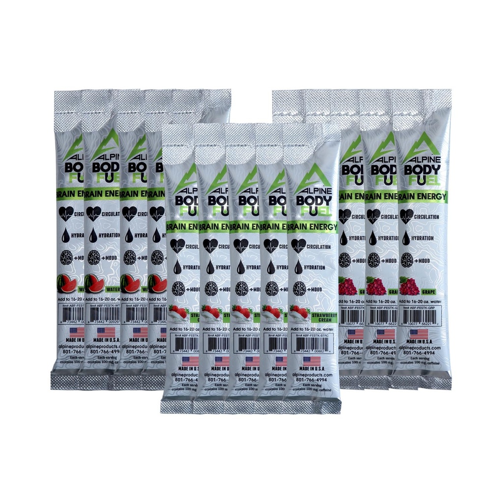 Alpine Innovations Body Fuel Focus + Energy - Great Tasting Supplement Made to Enhance Focus and Provide Energy Without The jitters. (15 Pack Variety, 5 Watermelon, 5 Strawberry Cream & 5 Grape)