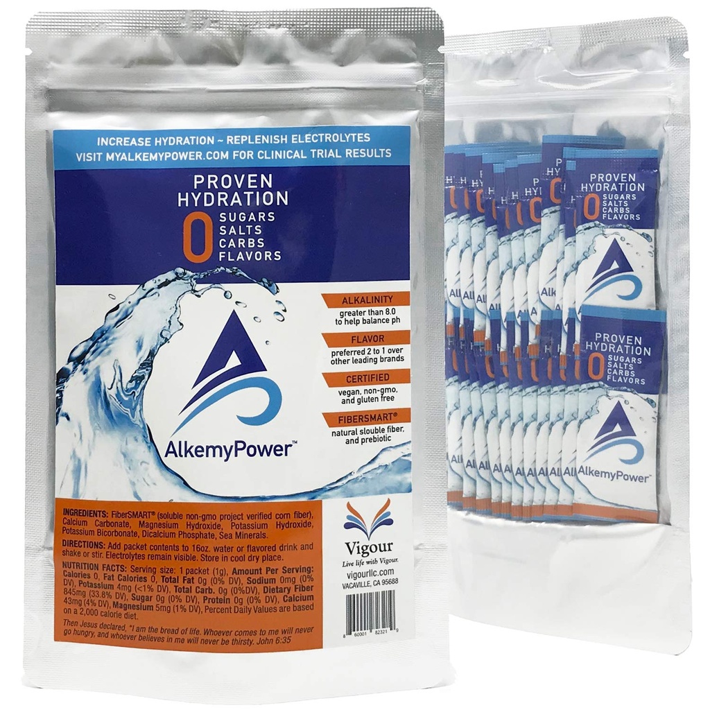 AlkemyPower™ Hydration Electrolyte Powder, No Sugars, Salts, Carbs, Flavors or Calories, 100% Natural, Convenient Stick Pack, 60 Count