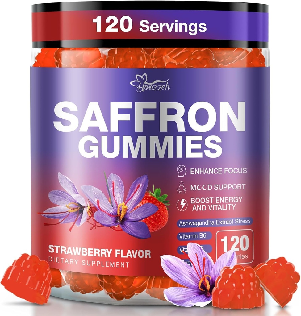Saffron Gummies for Kids & Adults Supplement, 88.5mg Saffron Extract & 200mg Magnesium Glycinate, Supports Focus, Mood, Calm, Sleep & Eye Health, L-Theanine, Indian Ginseng, Vitamin B & D Complex
