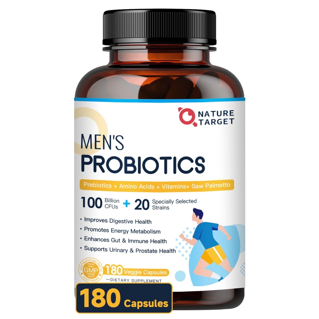 NATURE TARGET Probiotics for Men, 100 Billion CFUs Probiotics for Digestive Health with Enzymes & Prebiotics, 180 Veg Capsules, Mens Probiotic for Gut & Bloating, with Saw Palmetto for Prostate Health