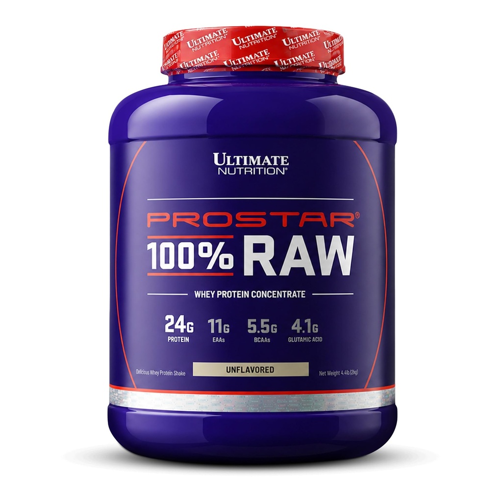 Ultimate Nutrition Prostar Raw Whey Protein Concentraat Powder, Low Carb, Low Fat, Keto Friendly, 24 Gram Protein Per Serveren met 5,5 Gram van BCAA's, Unflavored, 67 Servers, 4,4 Ponden