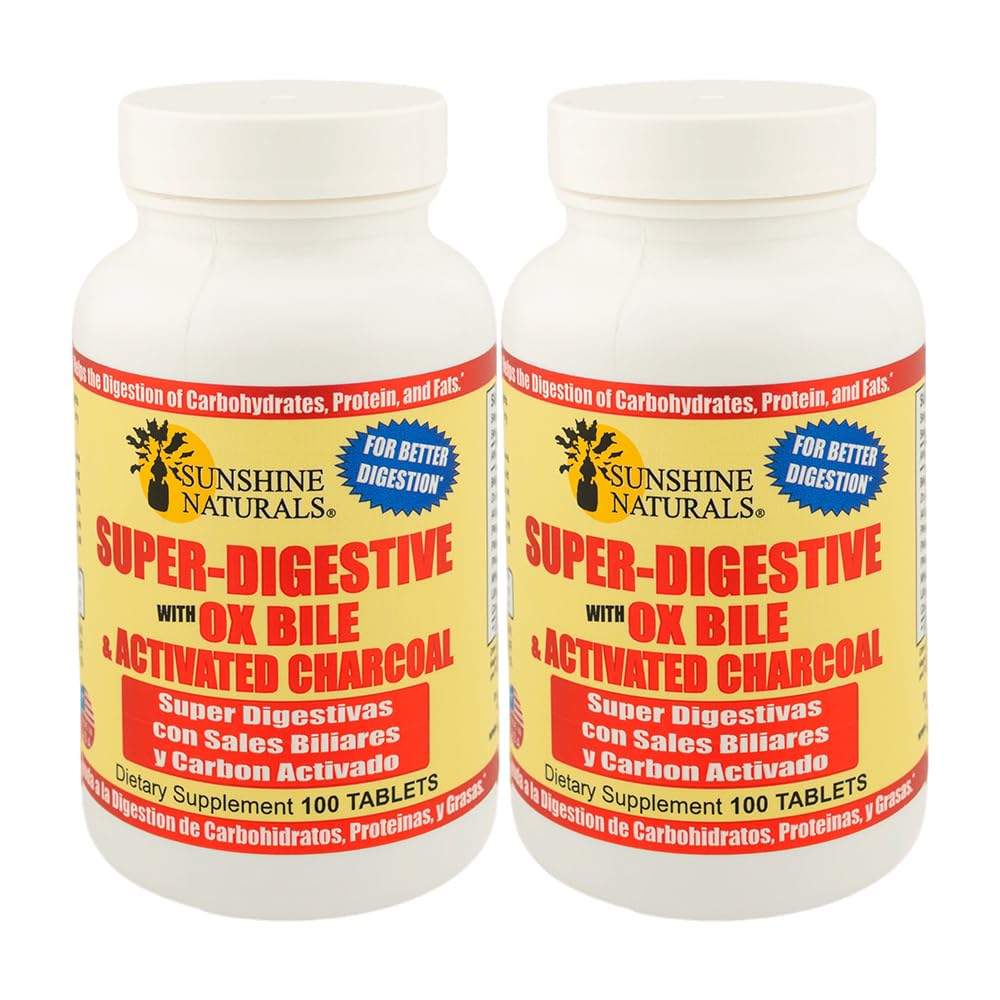 Sunshine Naturals Super spijsverteringssupplement. Ox Bile & Geactiveerde Charcoal voor Digestieve Ondersteuning, Bloating Relief, Gut Cleanse, Nutriënt Absorptie en Algemene Wellness. 100 tabletten. Verpakking van 2