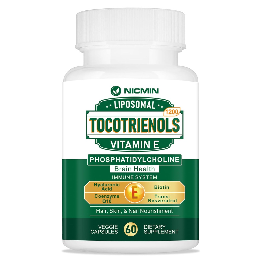 1200MG Vitamin E Tocotrienols Liposomal Tocotrienols Supplement with Phosphatidylcholine, 95% Delta-tocotrienols and 5% Gamma-tocotrienols, High Absorption for Heart, Brain Function 60 Capsules