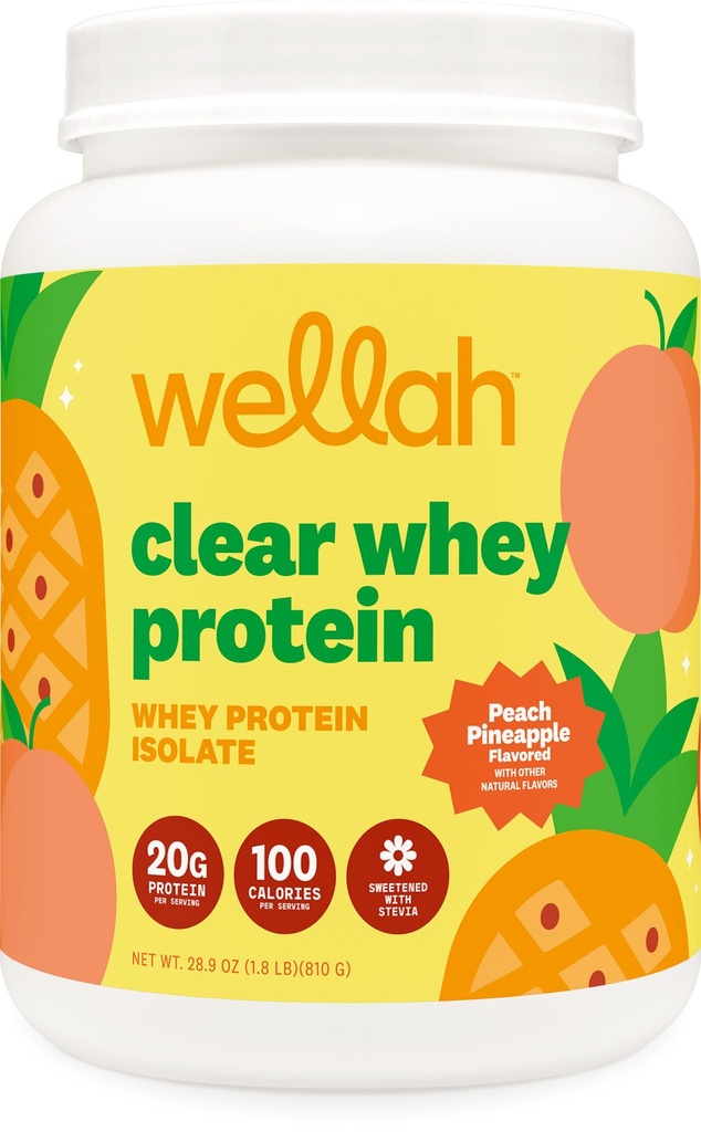 Wellah Clear Whey Protein Isolate Powder (Peach Pineapple) 30 Servings - 20g of Protein, 100 Calories, Sweetened with Stevia