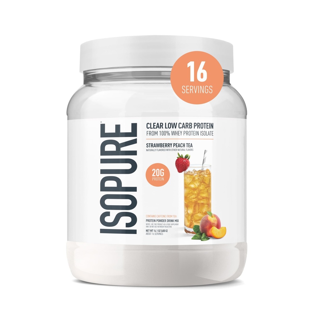 Isopure Clear Whey Isolate Protein Powder, Lactose Free, Gluten Free, Naturally Flavored, Strawberry Peach Tea, 20g Protein Per Serving, 14.1 Oz, 16 Servings