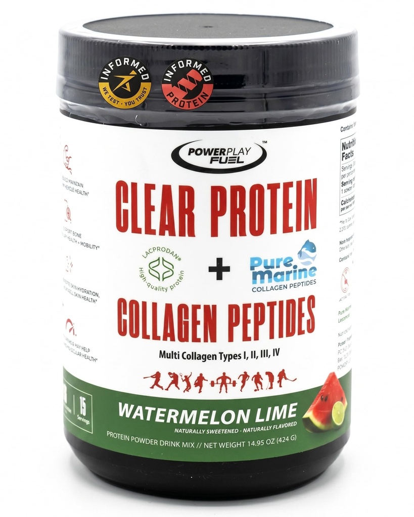 Clear Protein Powder + Collagen Peptides, Watermelon & Lime – 24g BLG with Marine Collagen, Sport Certified, Lactose Free, Sugar Free, Gluten Free, Low Calorie, 14.94oz