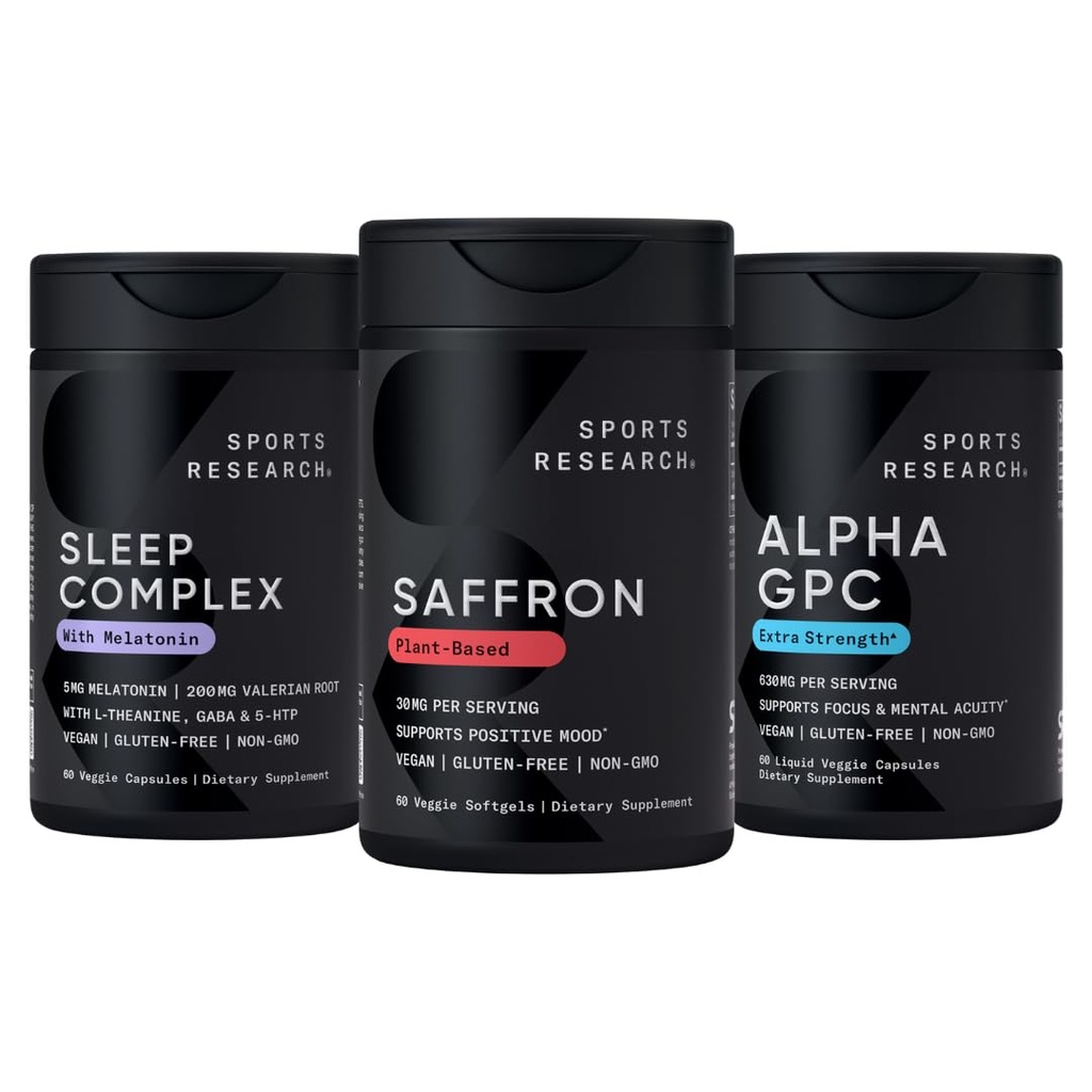 Sports Research® Recovery Support - Pure Saffron Supplement 30 mg, Extra Strength Alpha GPC 630mg, and Sleep Complex with Melatonin 5mg, L-Theanine 200mg & Magnesium 140mg