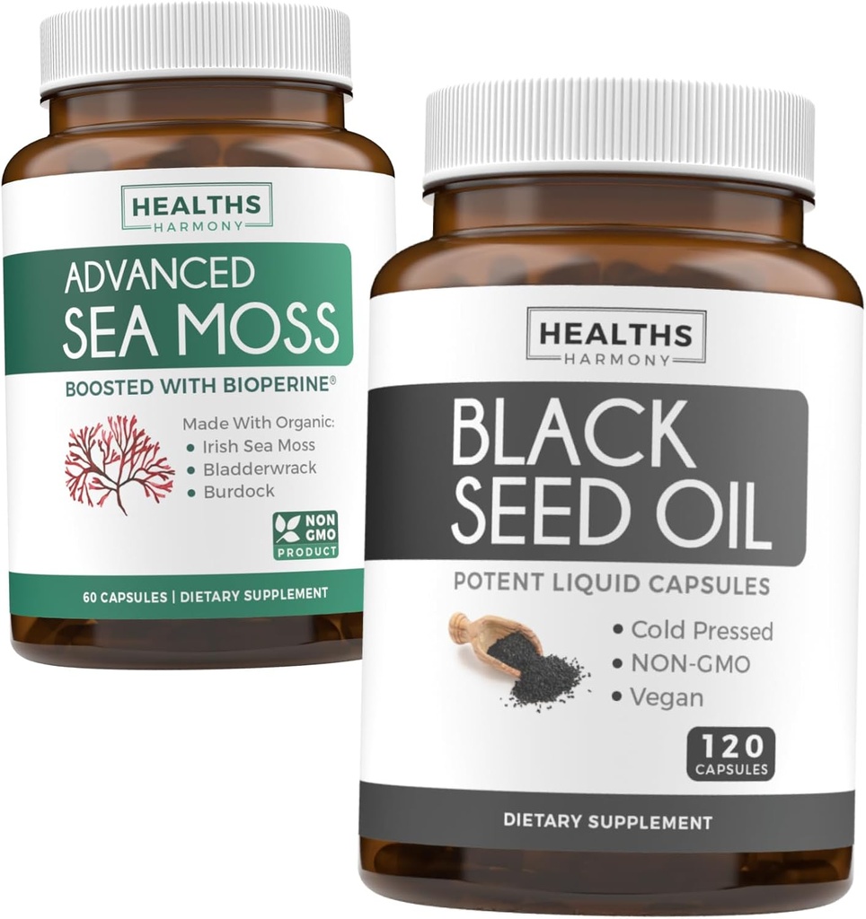 Black Seed & Sea Moss (1-maand supply) voedende natuur bundel van zwarte zaadolie 120 Softgel Capsules (Non-GMO & Vegan) Koudgeperst Nigella Sativa & Irish Sea Moss Capsules (Non-GMO & Organic)