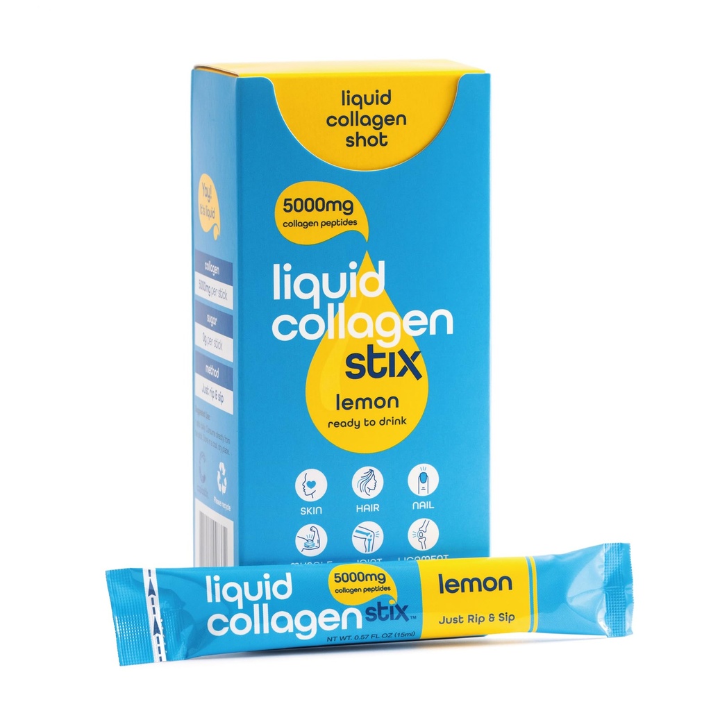 Hydrolyzed Liquid Collagen Peptides for Women & Men - Grass-Fed Bovine Protein Supplement for Hair Growth, Skin and Nails (Pack of 14, Lemon)