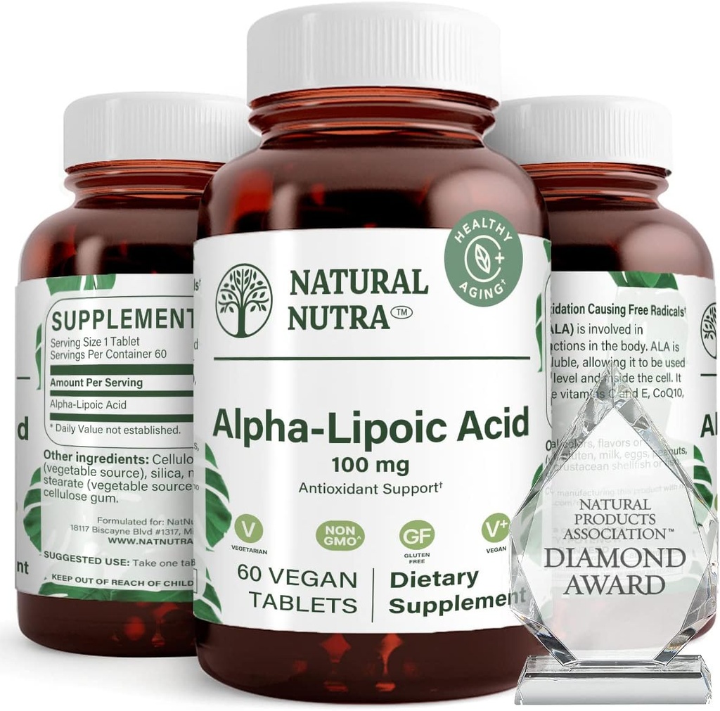 Natuurlijke Nutra R-Alfa Lipoïnezuur, Verbeter bot- en hartgezondheid, Verbeter de geheugenfunctie, Verbeter de zenuwfunctie draagt bij aan de algehele gezondheid, Glutenvrij 100 mg, 60 Veganistische en Vegetarische tabletten.