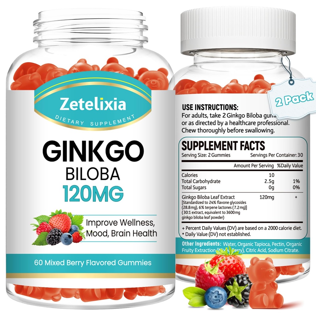 2 Pack Ginkgo Biloba Gummies voor vrouwen en mannen, Hersensupplement verbeteren Betere Mood en Focus, Vegan gemengde Berry Flavor 120 Tellen