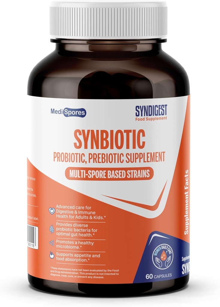 Syndigeste probiotische dagelijkse zorg voor vrouwen & mannen met een dubbel voordeel van 5 probiotische en prebiotische stammen, balans darm gezondheid & verlicht constipatie, reisvriendelijk, 60 capsules (2 miljard CFU/serveren)