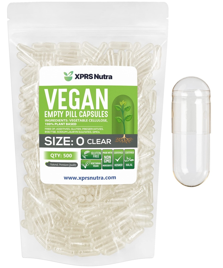 XPRS Nutra Taille 0 Capsules vides - 500 Compter Capsules vides vides Vegan - Pilules végétariennes - Garniture de capsules végétales bricolage - Bouchons de pilules veggie pour les suppléments Do-It-Youlf