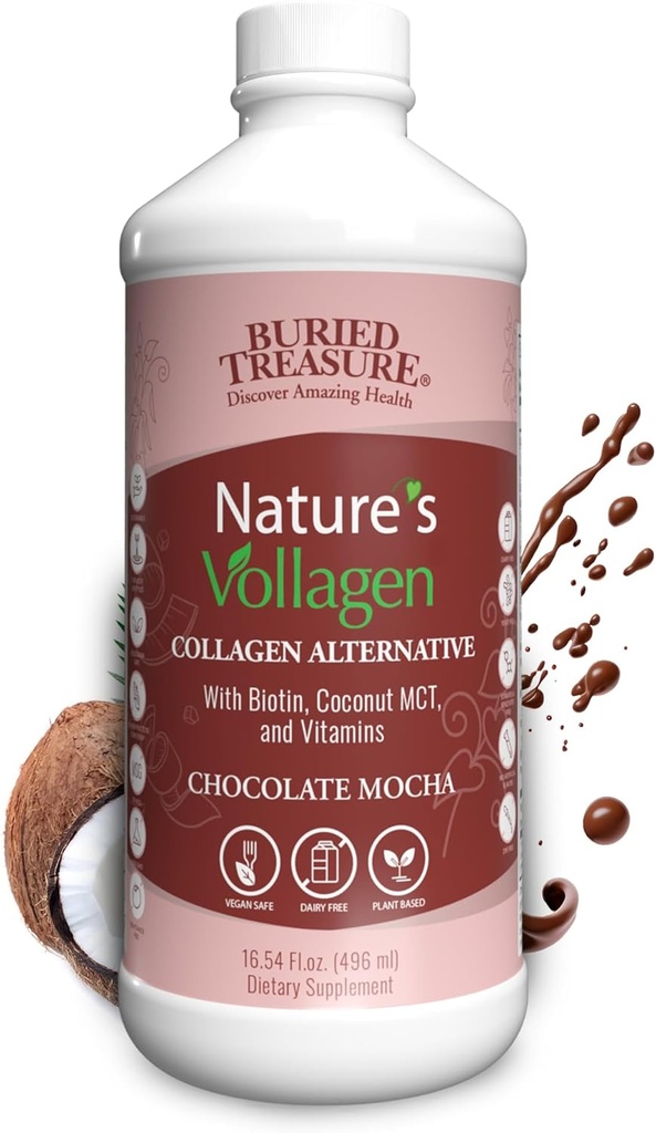 Begraven Treasure Nature's Vollagen 2000mg Vollagen Complex, huid, haar, en Joint Health, 100% plantaardige basis, Glutenvrij, Sojavrij, Dairy-Free, Chocolate Mocha Flavor, 16oz Liquid