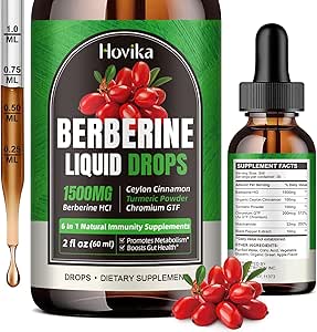 Berberine HCL Liquid Drops - 1500 mg Berberine Supplement met Ceylon Cinnamon, Chroom, Turmeric, Niacinamide - Ondersteunt Metabolisme en immuunsysteem, Gut Health - 2 FL Oz Vegan