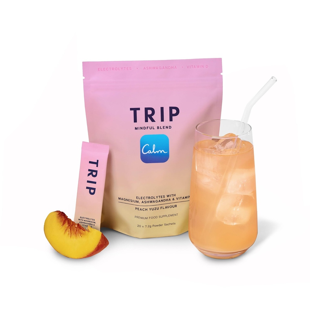 TRIP Electrolytes Powder Packets with Magnesium, Ashwagandha & Vitamin D. Peach Yuzu Daily Hydration Packets, Vegan, Electrolyte Drink Mix, Calming Hydration Powder, 20 Sachets