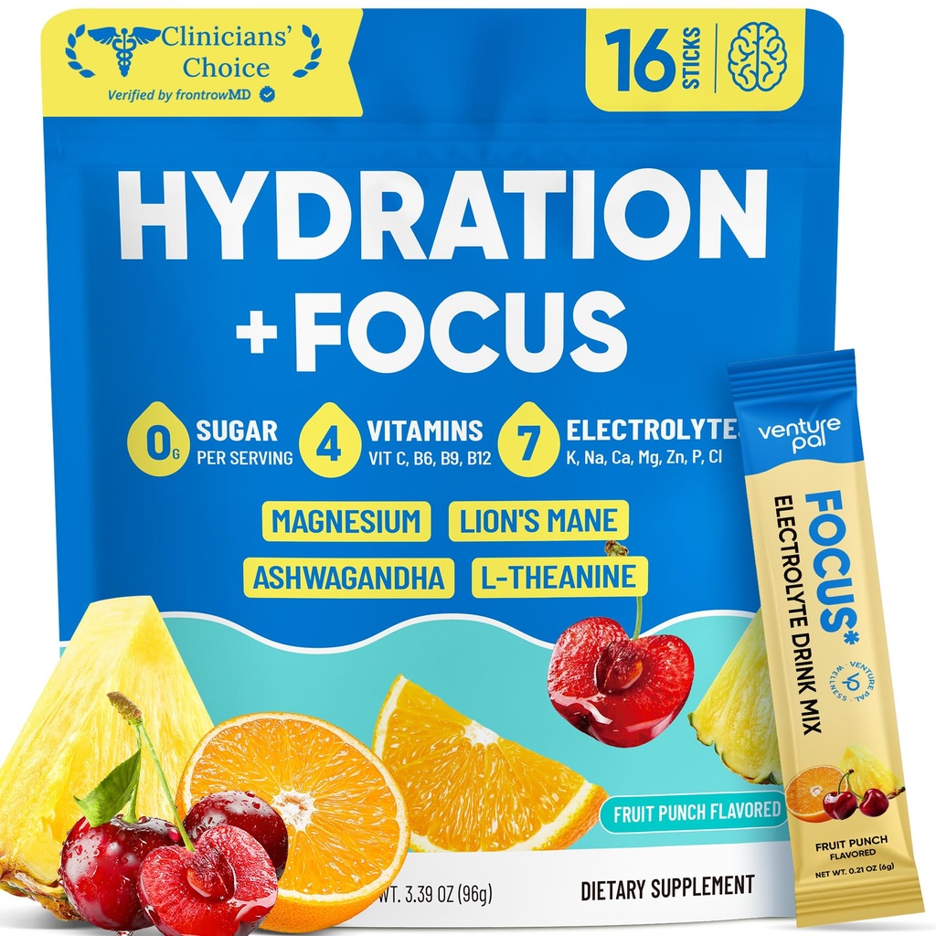 Venture Pal 2-in-1 Hydration Packets + Focus Support Electrolytes Powder, 7 Electrolytes + Vitamins, Magnesium, Lion's Mane & L-Theanine | Sugar Free Liquid Daily IV Drink Mix, Vegan, Keto, 16 Sticks