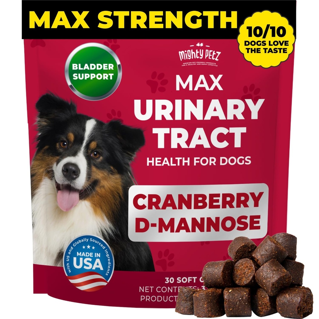 Mighty Petz MAX Cranberry for Dog UTI Treatment - MAX Strength Cranberry Supplément pour chiens + D-Mannose. Contrôle des chiens. Soins urinaires et soutien au rein
