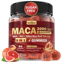 Gummées de racine de maca 2000mg pour les femmes Hommes Sans sucre , Noir biologique , Rouge , Supplément de racine de maca Gummy Chews avec Ashwagandha Ginseng & Zinc , Vegan , Non-OGM , Flaveur de pamplemousse , 60 comte