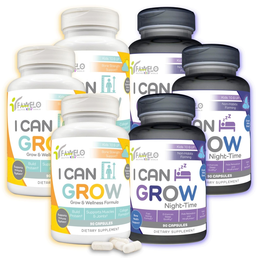 I Can Grow 3-Month Supply Bundle – 3x Day-Time + 3x Night-Time Growth Supplements for Kids 10+ & Teens | L-Arginine, Colostrum, Magnesium | Daily Height Support + Sleep Aid for Natural Growth | 6-Pack