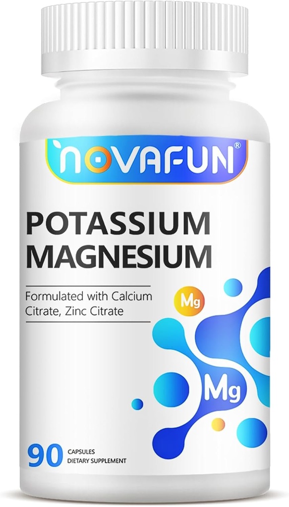 Potassium Magnesium Supplement with Calcium Zinc 1185mg, High Potency Formula for Leg Cramps, Bone & Muscle Health, Non-GMO, Gluten Free, Vegan, 90 Capsules