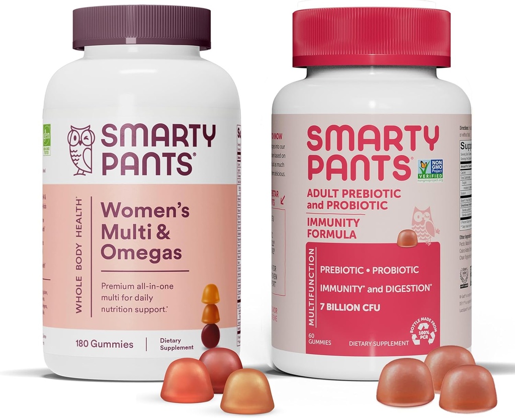 SmartyBants Vrouwen Multivitamine en Probiotische Immuniteitsbundel: Omega 3 Visolie (EPA/DHA), Methylfolaat, CoQ10, Vitamine D3, C, Digestief & Immuun Ondersteuning Supplement (30 dagen aanbod)