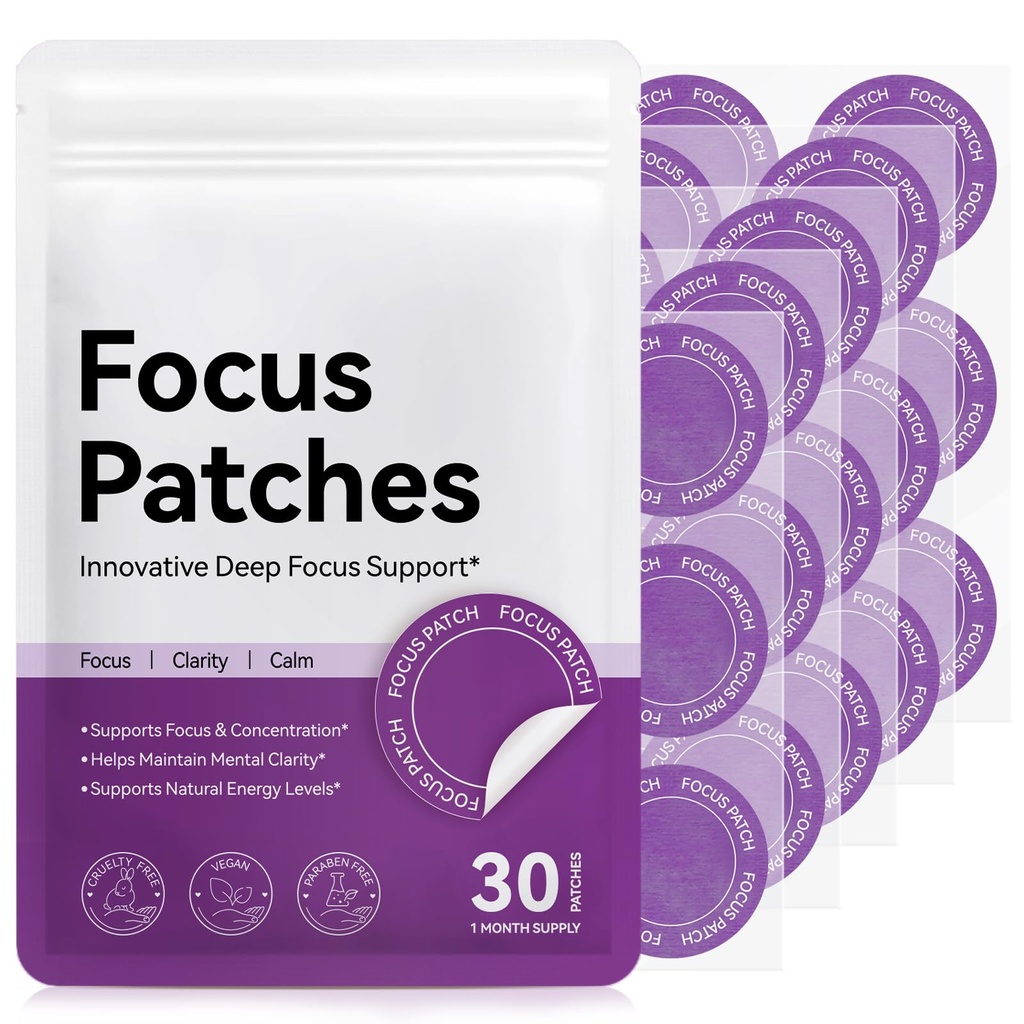 Focus Patches Extra Strength,Mental Clarity & Cognitive Performance,Enhance Productivity with Lion's Mane,L-Theanine, Ginseng,Easy-Apply Patch,Non-GMO,Vegan Focus Supplements for Men Women 30 Patches