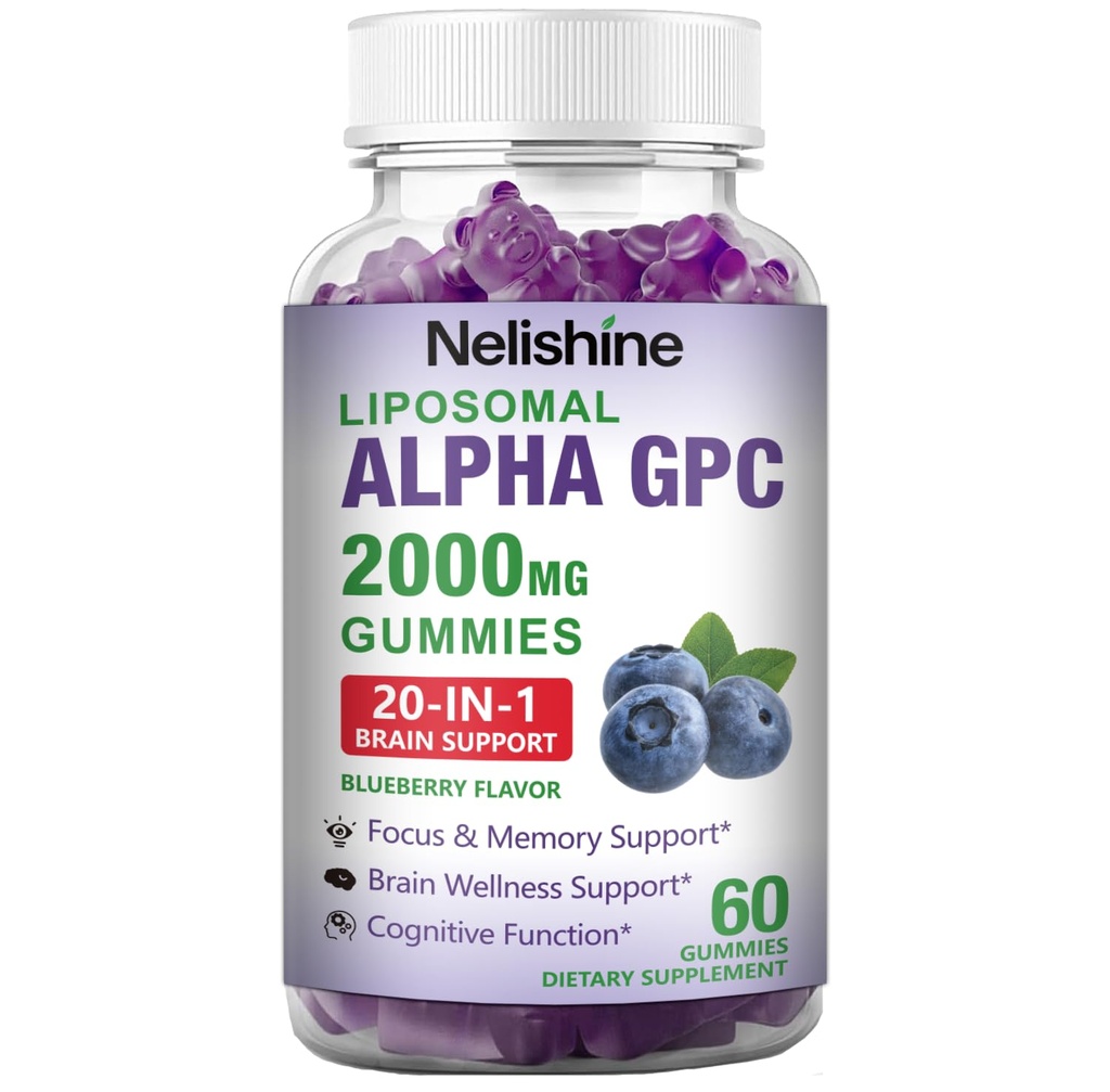 Liposomal Alpha GPC 2000mg & Citicoline Gummies Complex Phosphatidylserine,Ginkgo Biloba,L-Tyrosine,Huperzine A & B Vitamins,20-in-1 Blend for Focus, Memory & Cognitive Support
