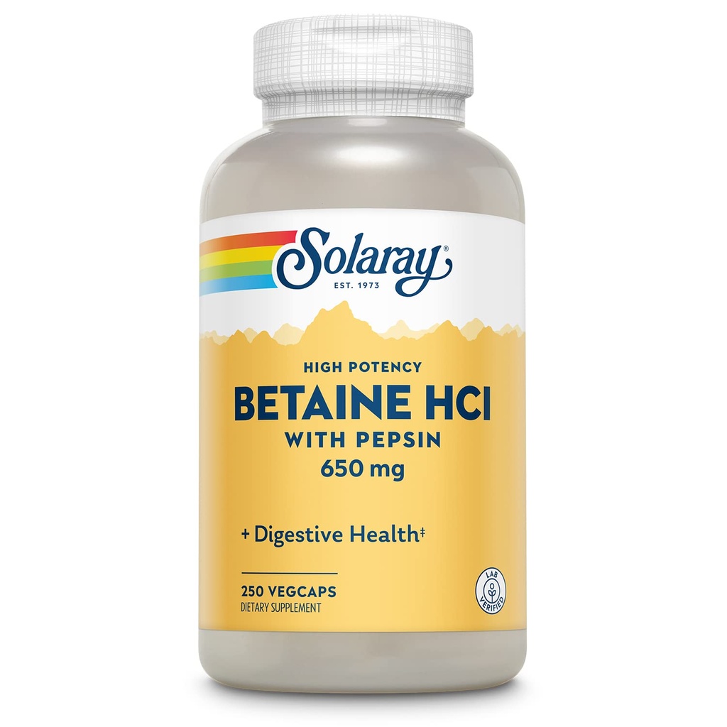 Solaray High Potency Betaine HCL met Pepsin - Zoutzuur Supplement voor de spijsvertering gezondheid - met Betaine Hydrochloroide en digestieve enzymen - Gut Health Support - 60-dagen garantie, 250 VegCaps