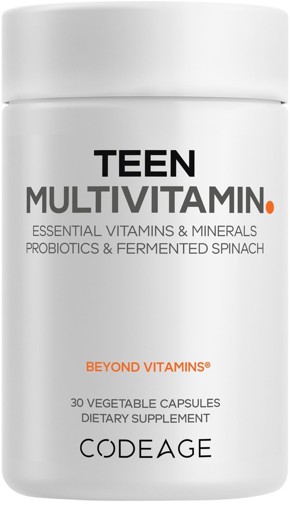 Codeage Teen Multivitamin - Vitamins A, C, D3, B6, B12, Folate, Zinc, Magnesium, Iron, Probiotics, Fermented Spinach - Multivitamins for Teenage Boys and Girls - Non-GMO, Gluten-Free - 30 Capsules