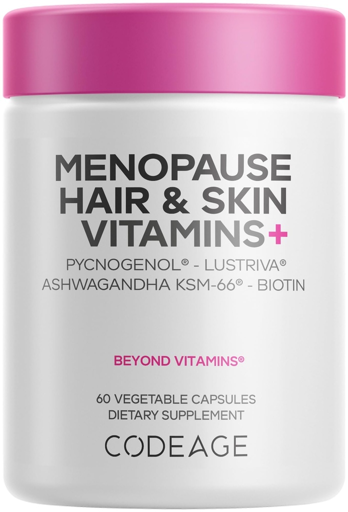 Codeage Menopause Hair & Skin Vitamins+ - Patented Lustriva, Pycnogenol, KSM-66 Ashwagandha - Hair Density Skin Perimenopause Support - Menopause Supplement - 10,000 Mcg Biotin, Wild Yam - 60 Capsules