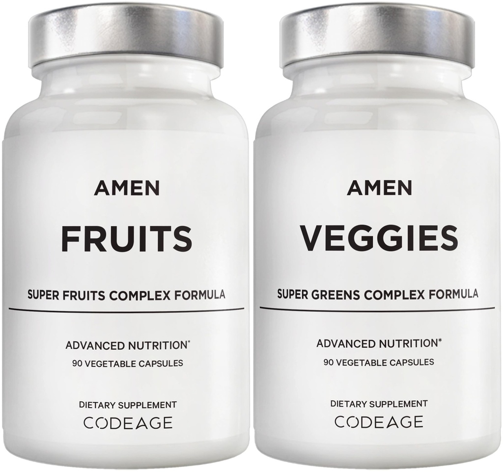 Amen Fruits + Veggies Vitamins Bundle, Raw Whole Food Multivitamin Capsules, Greens Vegetables, Red Fruits & Berries Vegan Blend, Fibers + Phytonutrients Superfood Minerals Supplement, Non-GMO, 180 ct