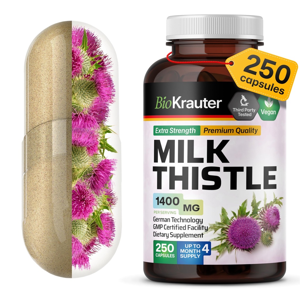 BIO KRAUTER® Melkdistelsupplement voor leverreiniging & detox - Pure Vegan Milk Thistle Extract 1400 mg per portie Сontains Silymarin - 250 Capsules, 125 Days of Supply, Non-GMO