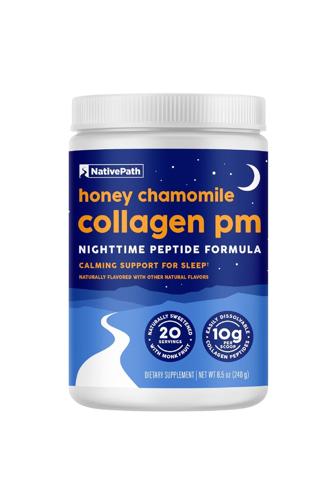 NativePath Collagen PM - Honey Chamomile Nighttime Collagen Peptides Powder with Magnesium, GABA, L-Theanine and Melatonin - 20 Servings