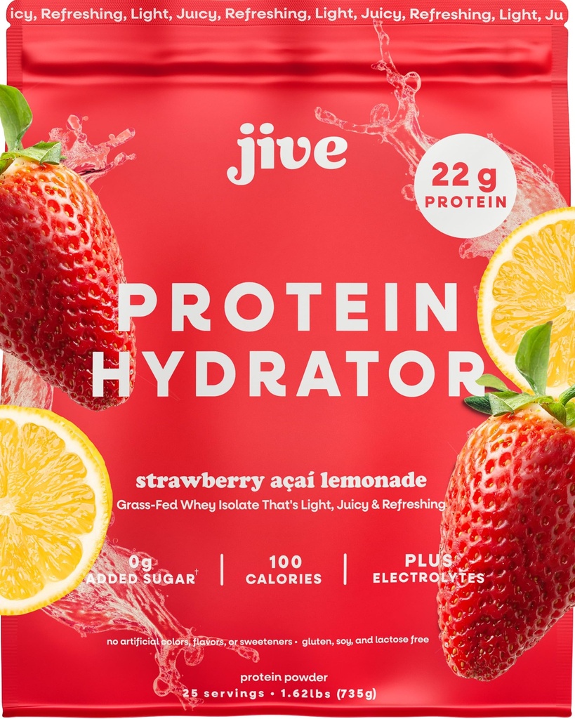 Jive Clear Protein Powder - 22g Grass-Fed Whey Isolate, 25 Servings - Strawberry Acai Lemonade - 895mg of Electrolytes - Zero Added Sugar - Clear Drink Protein Water & Juice
