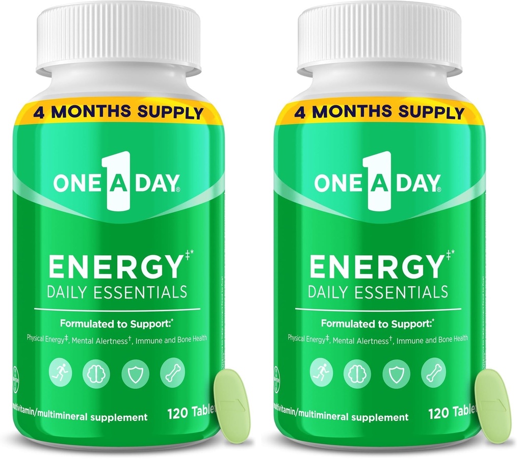 A Day Energy Daily Essentials Multivitamin, Energy Supplement to Support Mental Alertness and Immune Health with Vitamins A C, D, E, Zinc and Caffeine, 120 Count (Pack of 2)