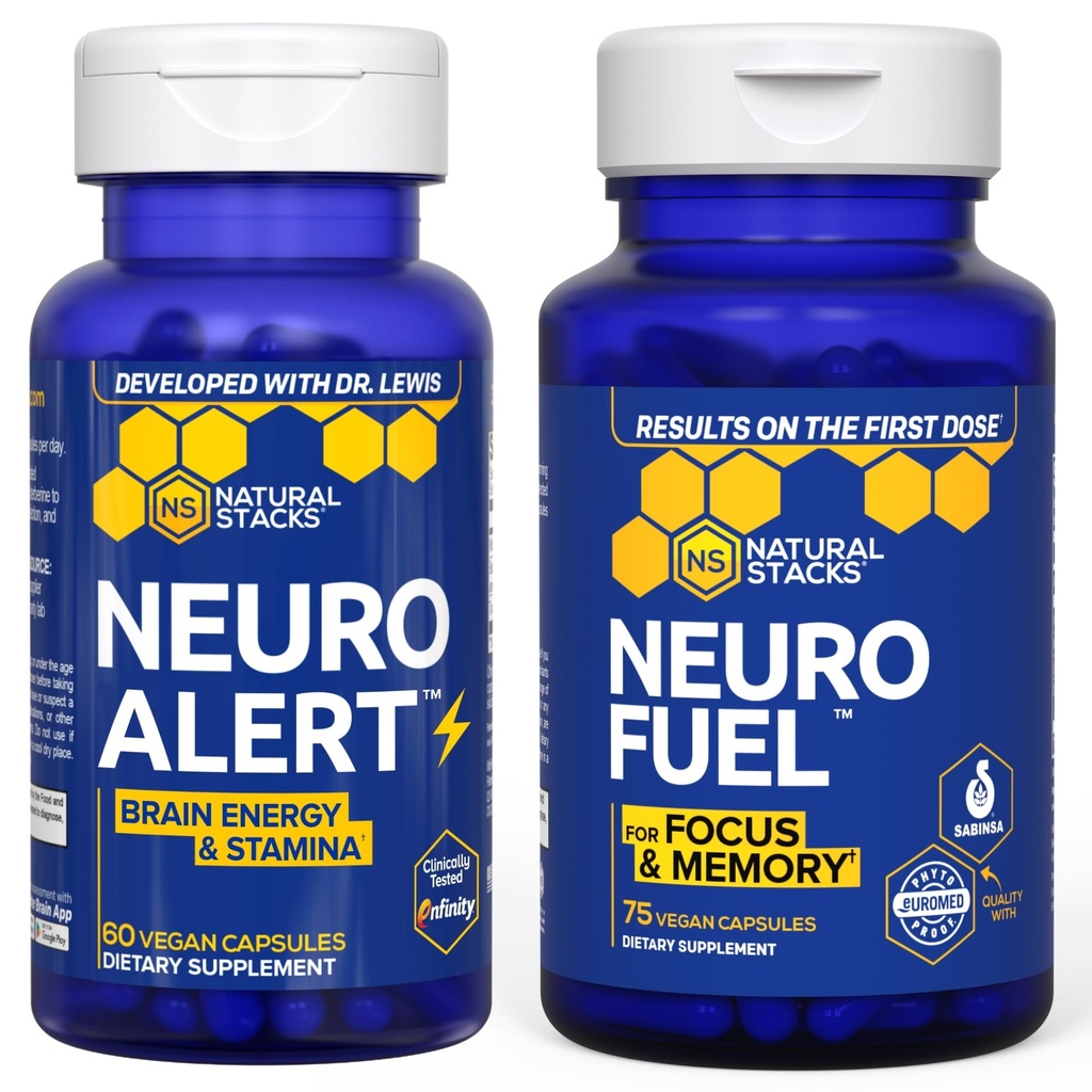 NATURAL STACKS NeuroAlert + NeuroFuel Nootropic Supplement Bundle - 200mg Paraxanthine & 750mg L-Carnitine - Supports Focus, Memory & Brain Energy - 135 Total Capsules