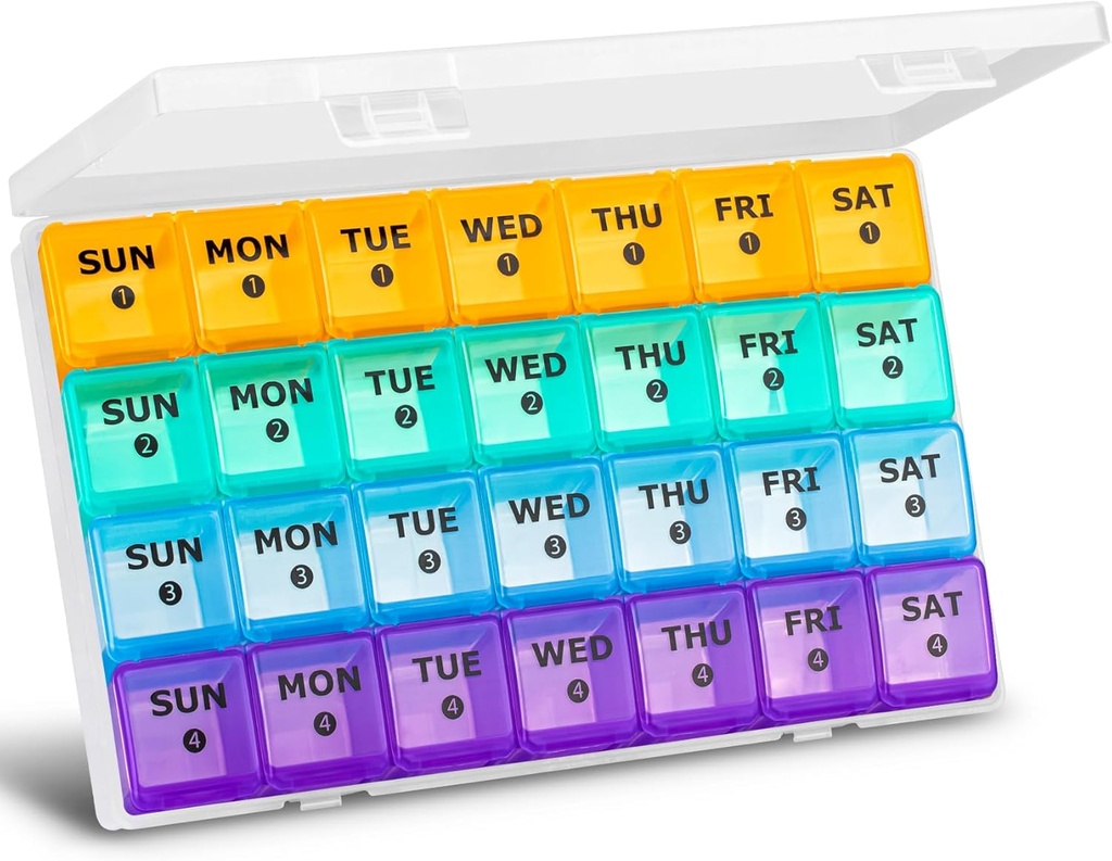 XL Large Monthly Pill Organizer 4 Weeks, 28 Day Pill Organizer Weekly, Big Comptment with Travel Case, 7 Day Pill Dispenser 4 fois par jour, Medicine Organizer Box for Vitamine, Fish Oil