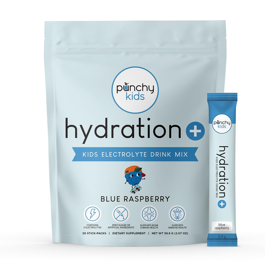 Hydration+ Electrolyte Drink Mix for Kids – Sugar Free, Immune & Bone Support with Vitamin D, Zinc & K2 – Blue Raspberry, 20 Stick Packs