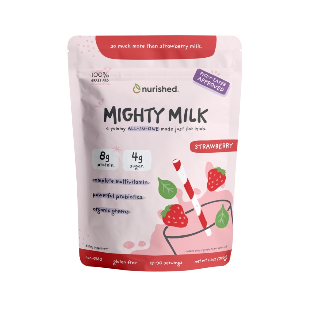 Mighty Strawberry Milk - Kids All-in-One Daily Protein Powder & Multivitamin Boosted with 2 Billion Probiotics & Organic Spinach - Natural Flavors, Colors & Sweeteners - 15-30 Servings