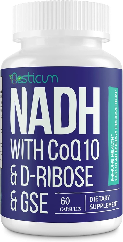 NADH 50mg + CoQ10 200mg + D-Ribose 150mg Supplement, Boosting NAD+ Supplementen voor Immuunsysteem, Cellular Energy, Focus, Verminderd Nicotinamide Adenine Dinucleotide, 60 Veggie Capsules