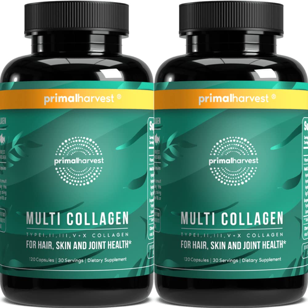 Primal Harvest 2 Pack, Multi Collageen Pillen voor vrouwen en mannen (type I, II, III, V, X) Collageen Supplementen voor vrouwen en mannen, 120 Capsules met Vitamin C voor haar, huid, nagels Collageen Peptides Pillen