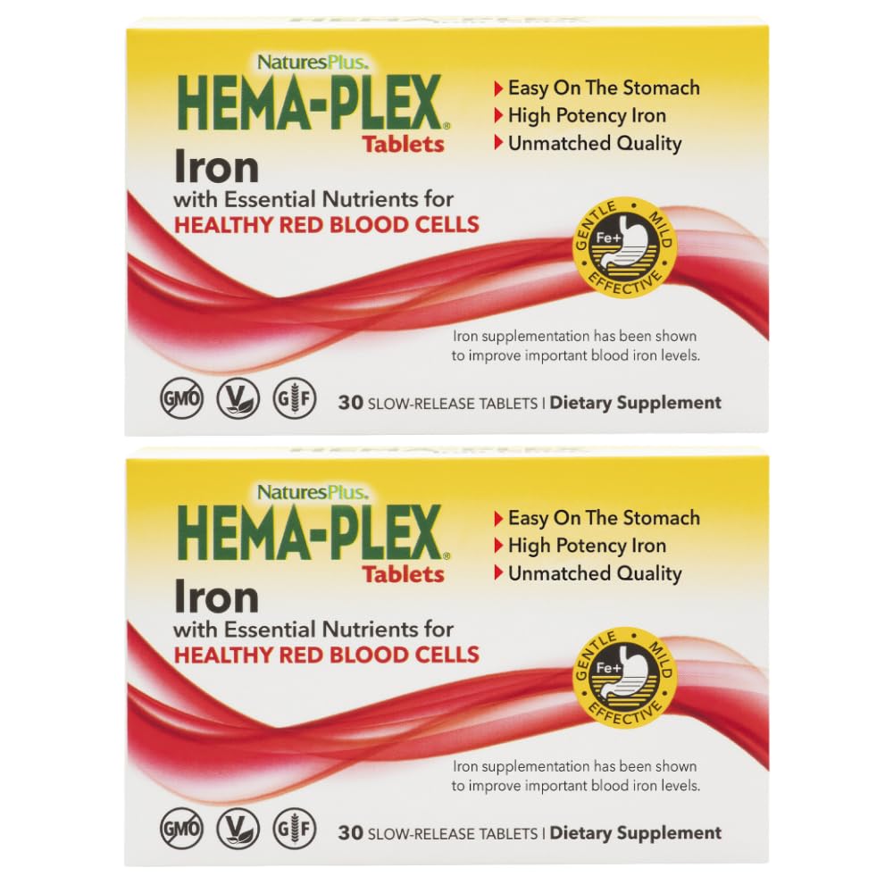 NaturesPlus Hema-Plex Fer - 30 comprimés à libération lente, boîte de 2 - Santé totale du sang - 85 mg Fer chélaté - avec vitamine C et bioflavonoïdes - Sans OGM, sans légumes et sans gluten - 60 portions totales