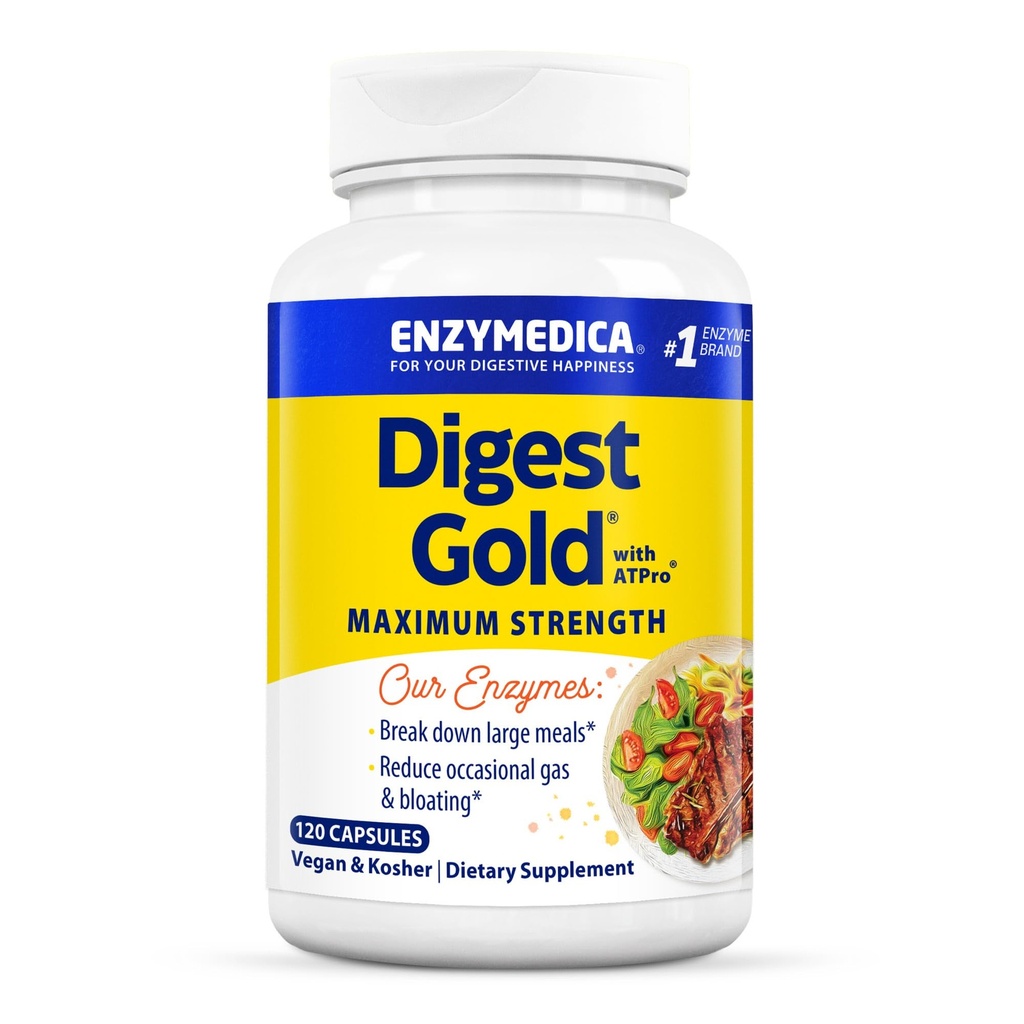 Enzymedica Digest Gold + ATPro, formule d'enzyme de résistance maximale, prévient le gonflement et le gaz, 14 enzymes clés incluant Amylase, Protease, Lipase et Lactase, 120 Capsules